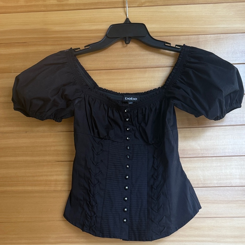 SOld! Bebe Black Off-Shoulder Blouse with Puff Sleeves